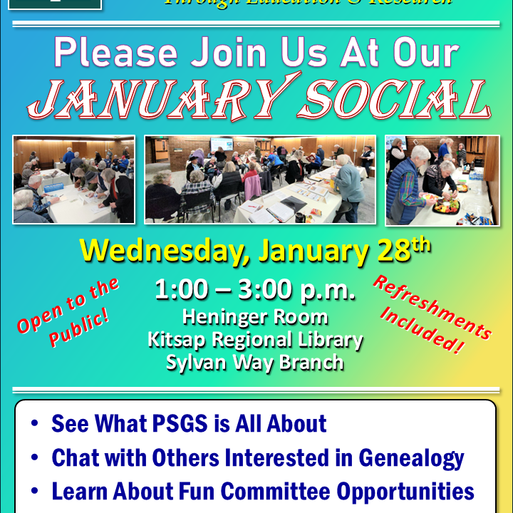 Flyer for PSGS 2026 'Social' Meeting — 28 JAN 2026